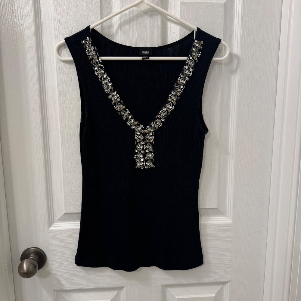 VTG Mossimo Y2K Black V-Neck Ribbed Tank Top Silver Sequins Size M Festival